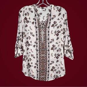 Cream Burgundy Boho Blouse Size XS Zip Neck Detail Tab Slv Festival Oversize Top